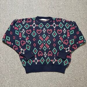Vintage Royal Knight Navy Blue Geometric Knit Sweater Large Red Green Retro